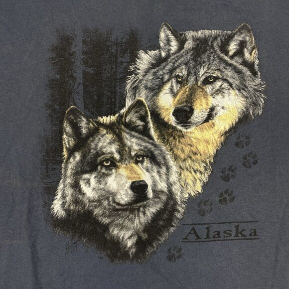 VTG Prairie Mountain Wolfs Alaska T Shirt Men’s Single Stitch Blue Size 2XL XXL - Picture 7 of 7